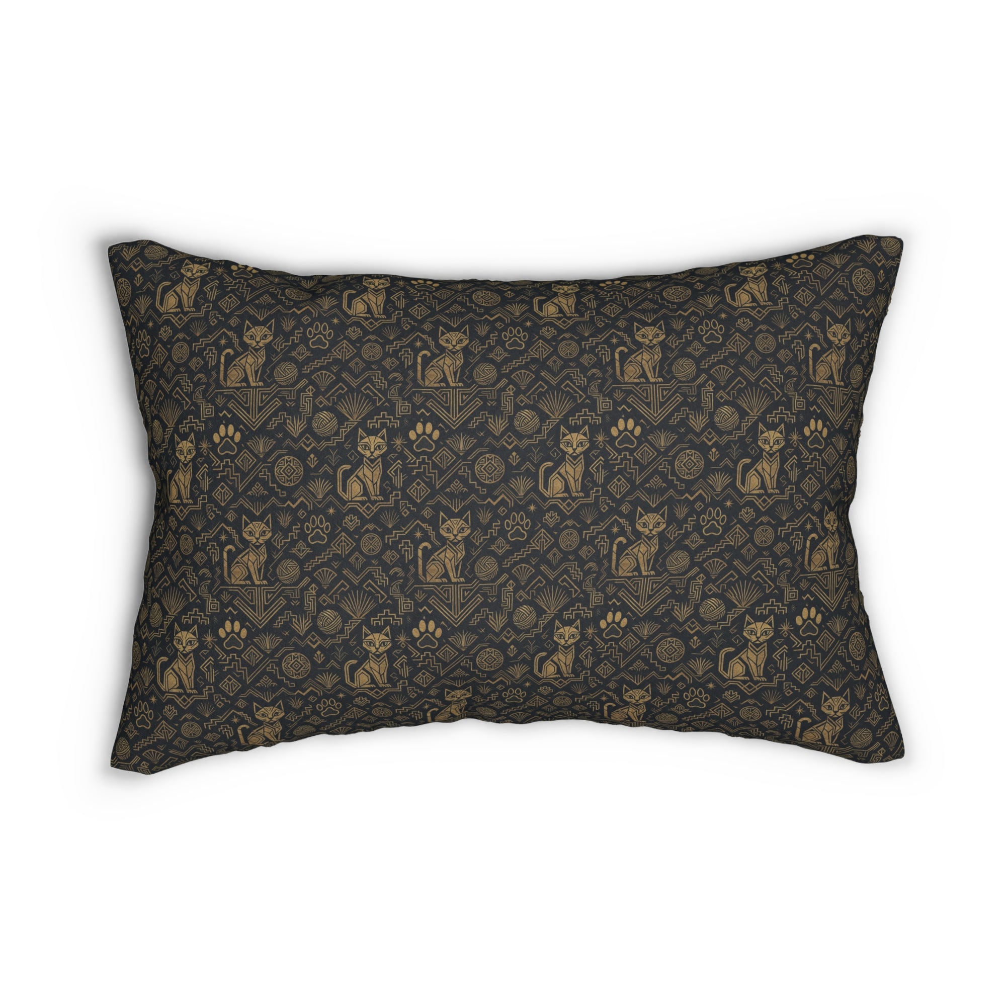 Indoor Lumbar Pillow - Art Deco Inspired Golden Cat Silhouettes and Geometric Patterns Create a Sophisticated and Stylized Modern Design