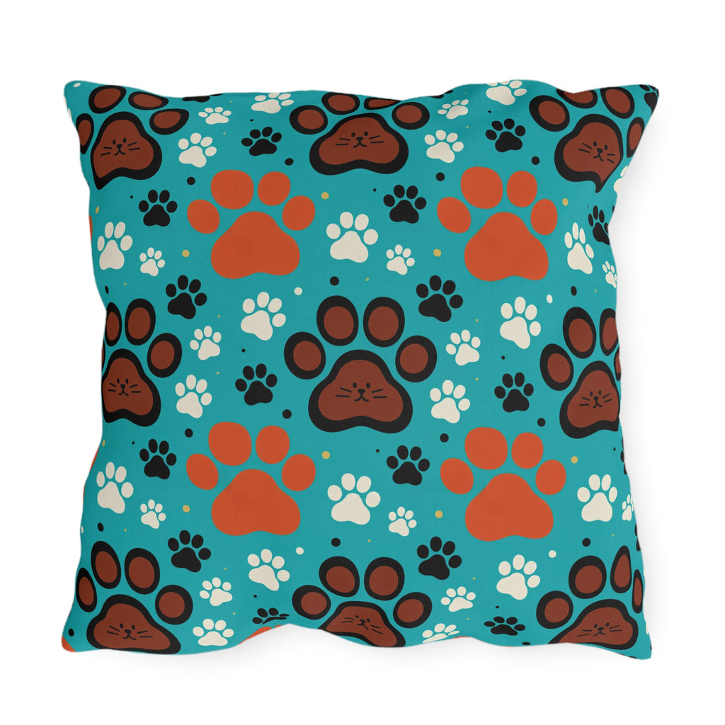Outdoor Pillow - A dramatic and powerful Japanese woodblock print-style illustration of cats amidst powerful waves, red flowers, and white cherry blossoms.