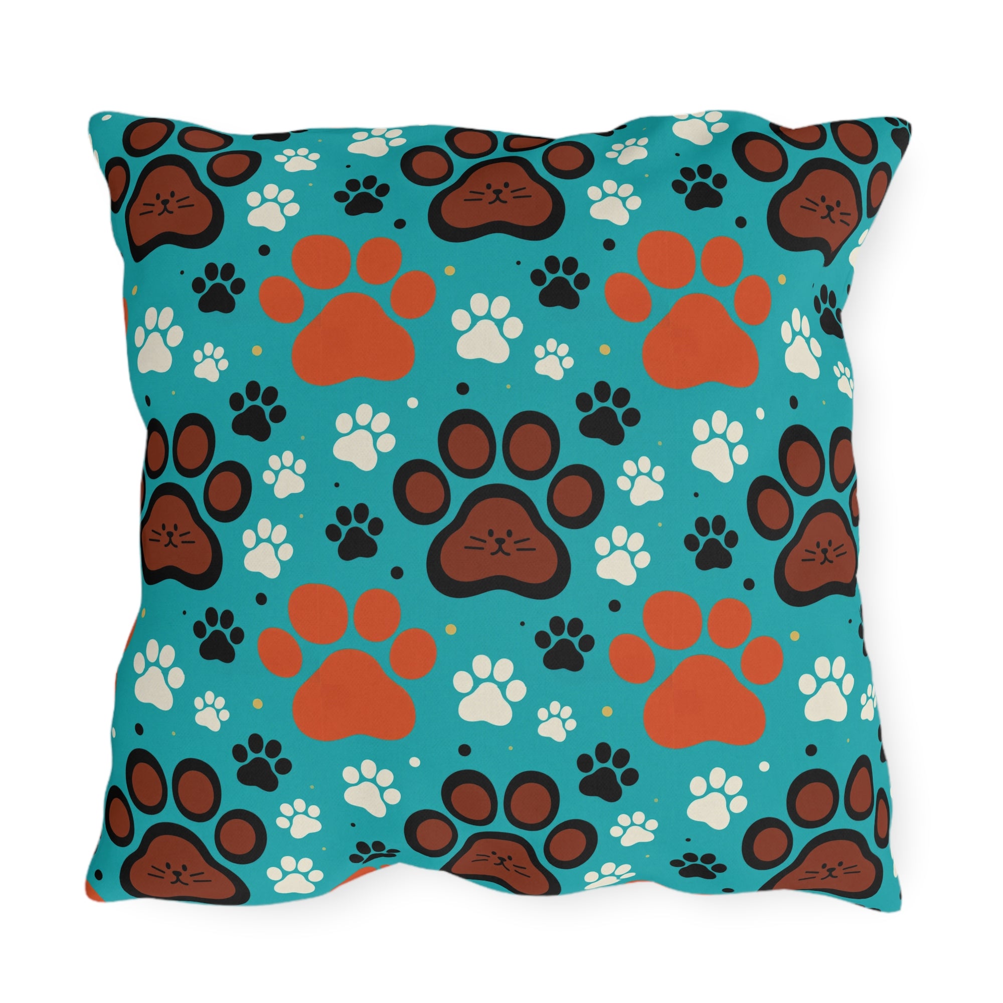 Outdoor Pillow - A dramatic and powerful Japanese woodblock print-style illustration of cats amidst powerful waves, red flowers, and white cherry blossoms.