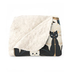 Sherpa Blanket - An elegant and artistic Art Deco-style pattern featuring streamlined white cats with a striking geometric backdrop of golden and black lines and shapes.