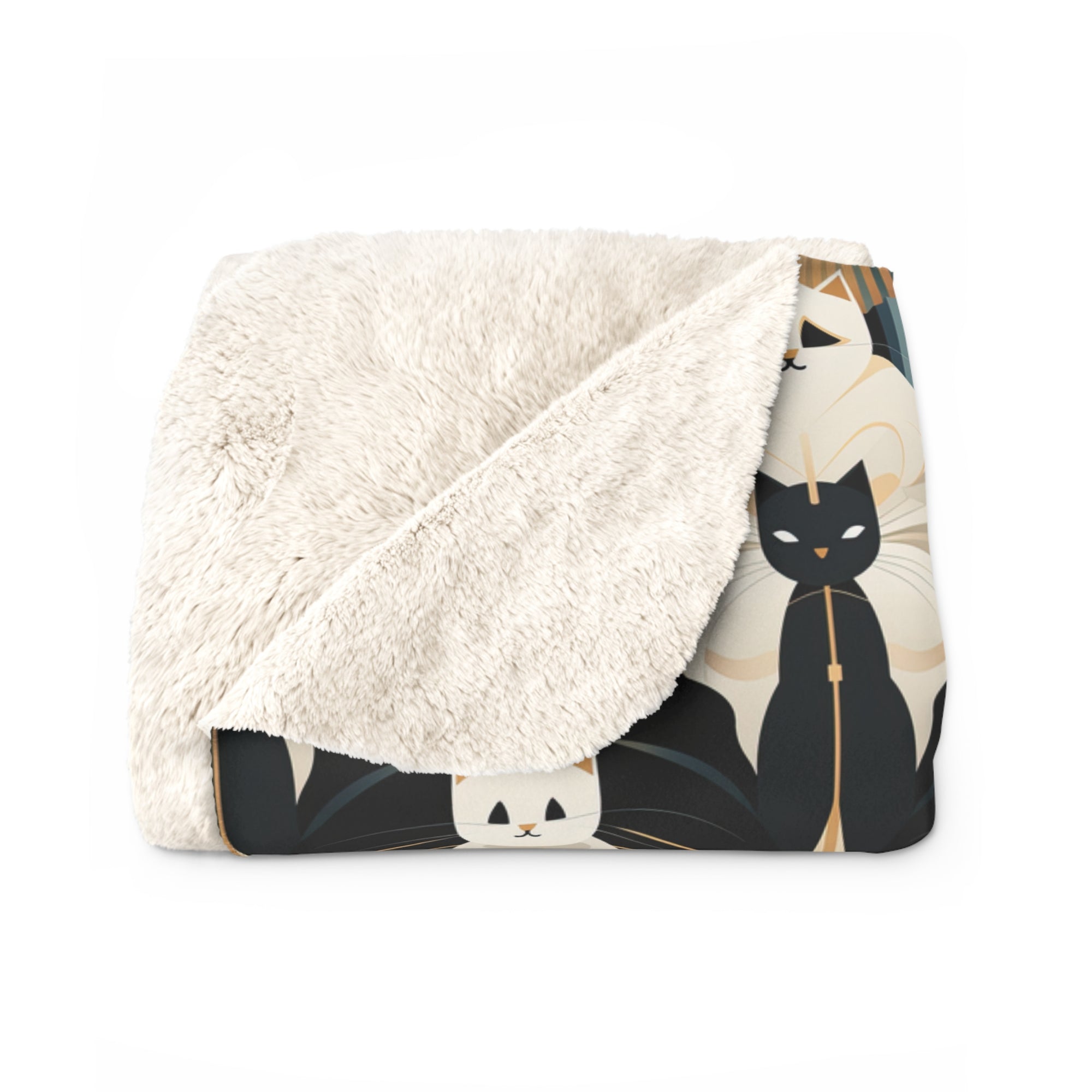 Sherpa Blanket - An elegant and artistic Art Deco-style pattern featuring streamlined white cats with a striking geometric backdrop of golden and black lines and shapes.