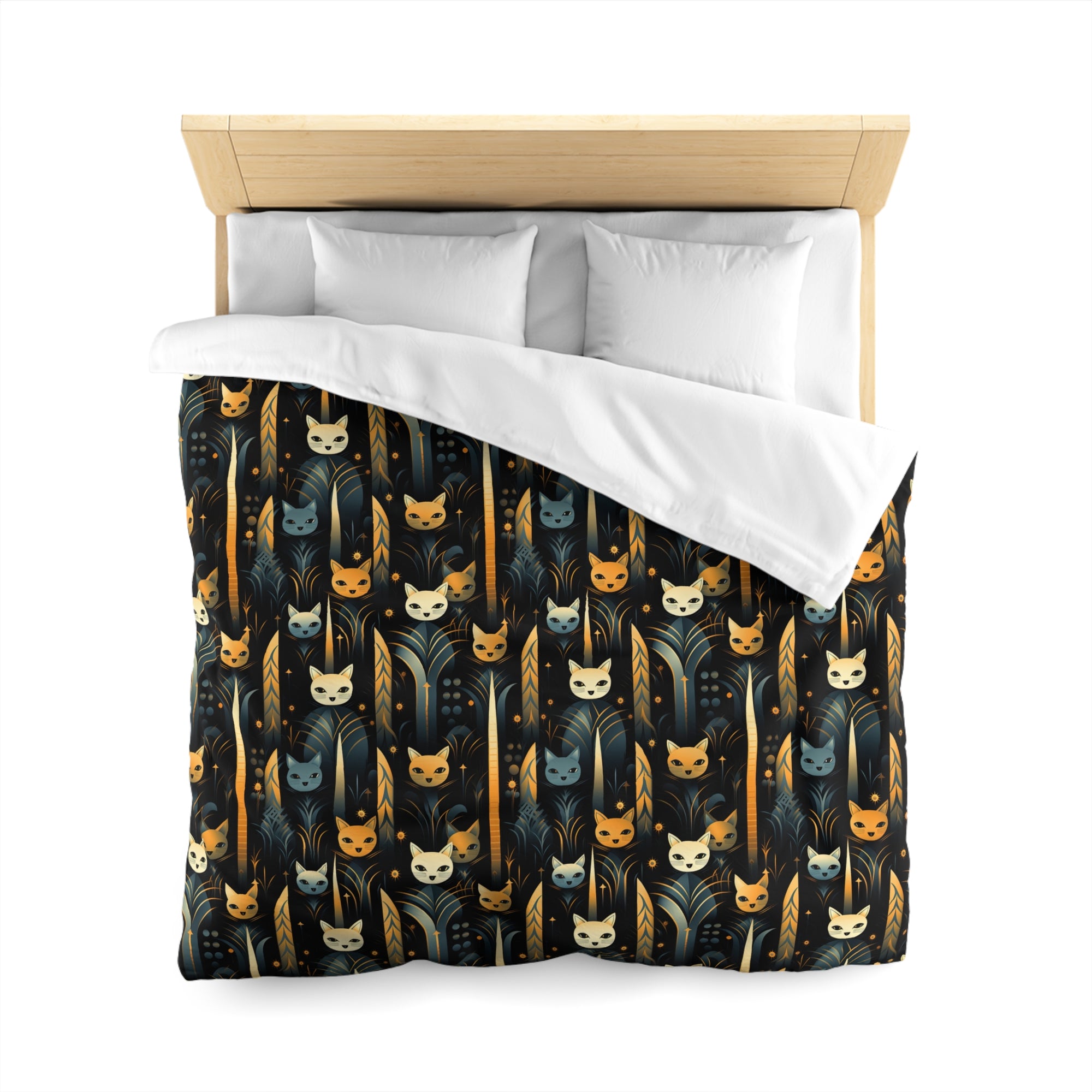 Duvet Cover - A sleek and stylish Art Deco-inspired pattern depicting a serene nocturnal landscape with streamlined cat silhouettes and radiating golden light among abstract plants.