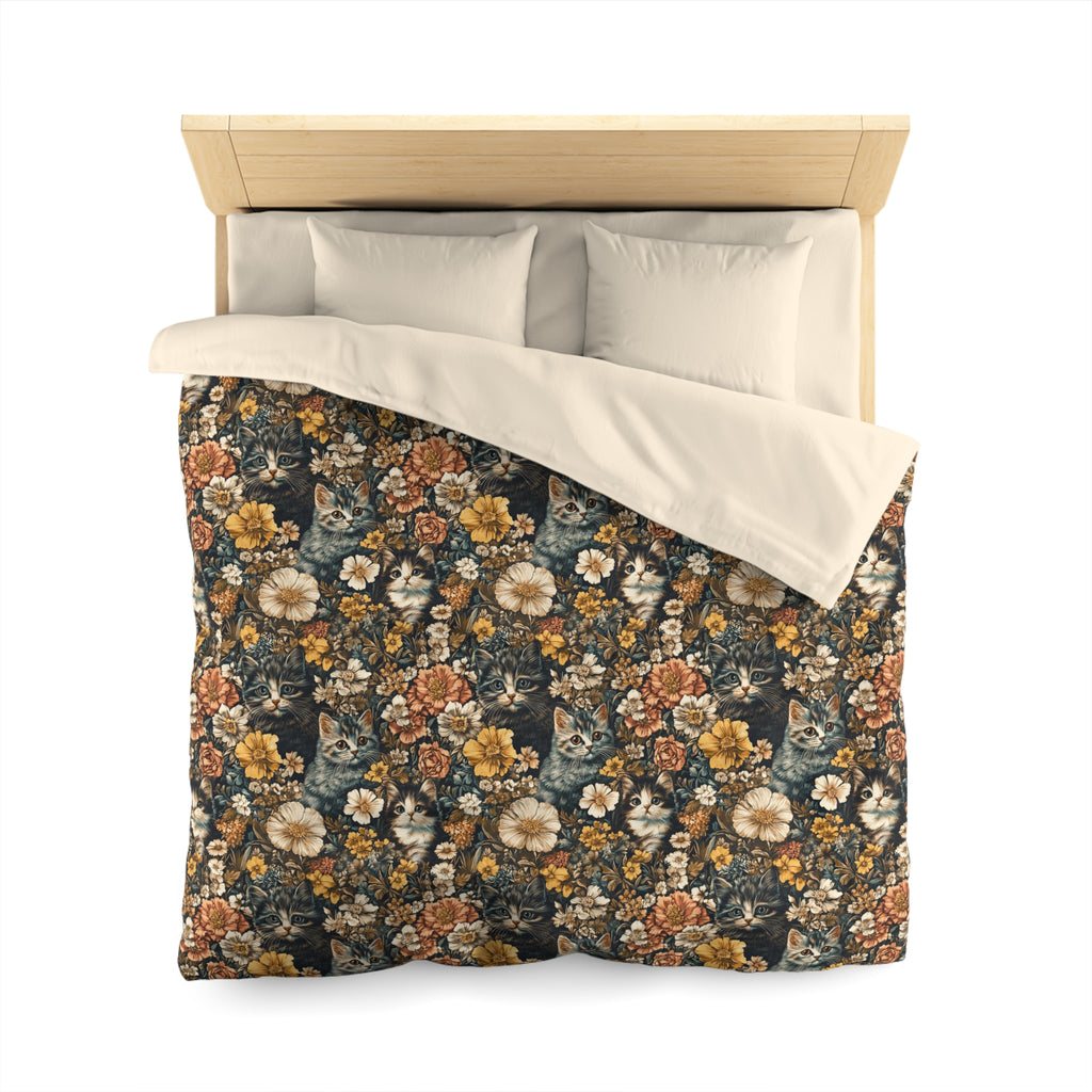 Duvet Cover - Grey Tabby Kittens Among Yellow and Peach Flowers, Moody Vintage Botanical Illustration