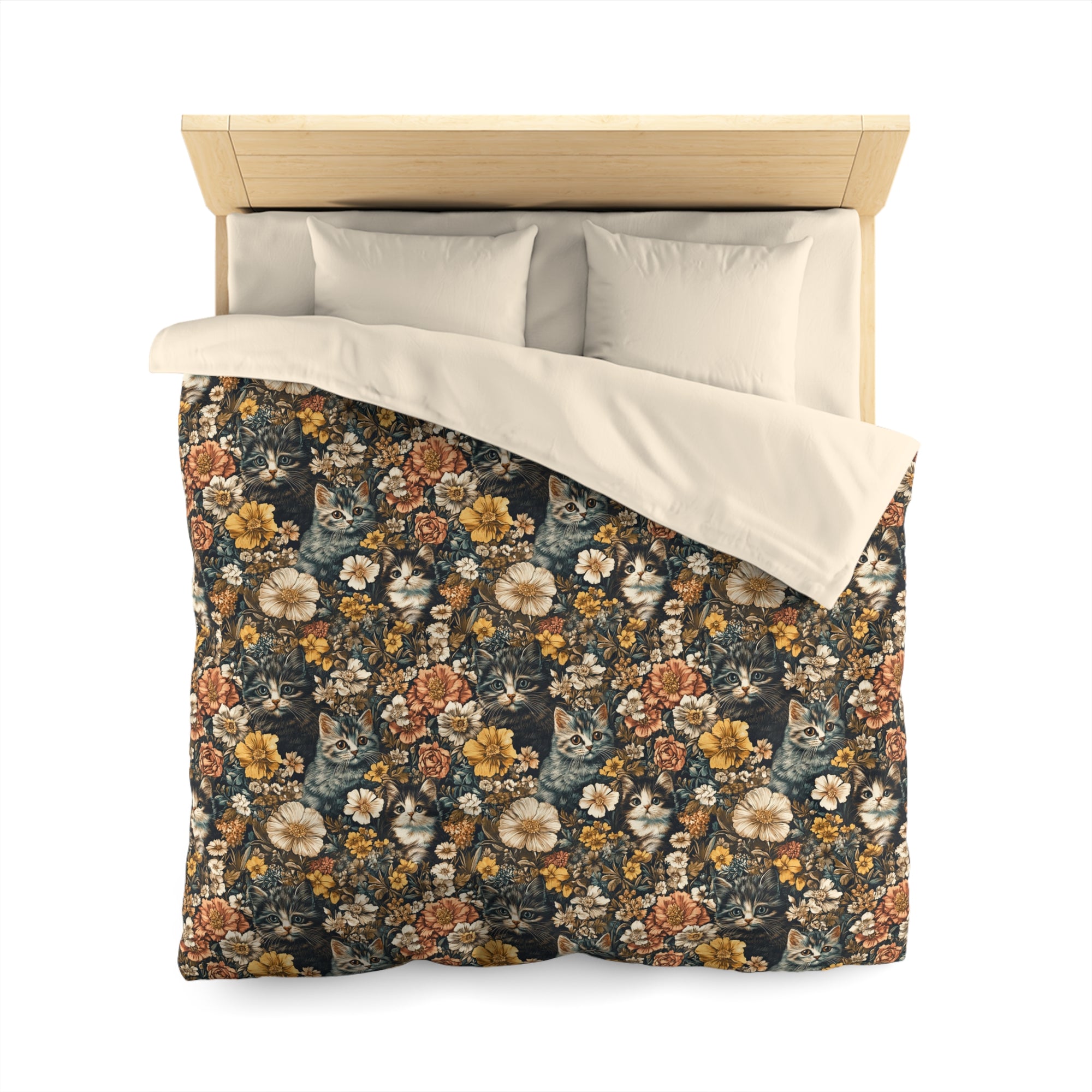 Duvet Cover - Grey Tabby Kittens Among Yellow and Peach Flowers, Moody Vintage Botanical Illustration