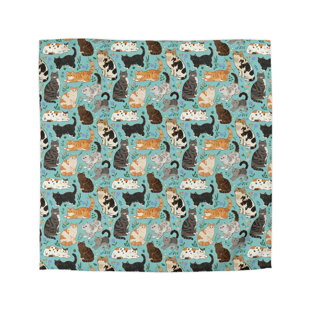 Duvet Cover - A Delightful Assortment of Charming Cats in Diverse Poses and Breeds Scattered Across a Soft Blue Floral Background