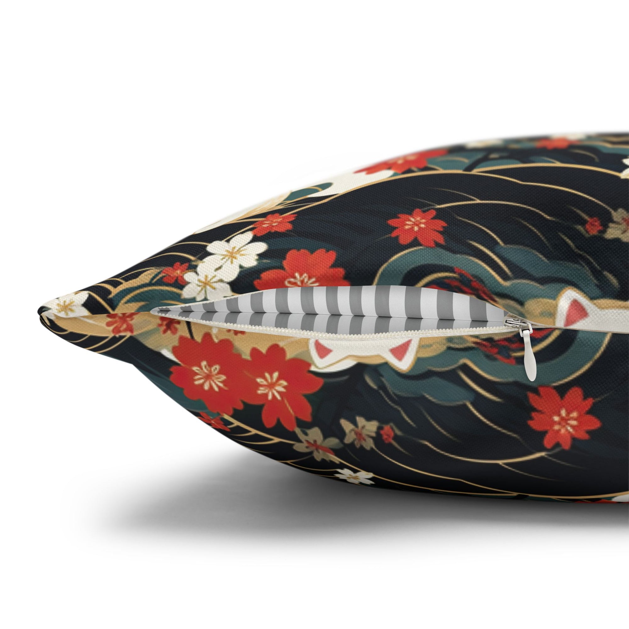 Square Pillowcase - A beautiful, Japanese-inspired illustration of tranquil white cats resting on rolling clouds with vibrant red and white cherry blossoms.