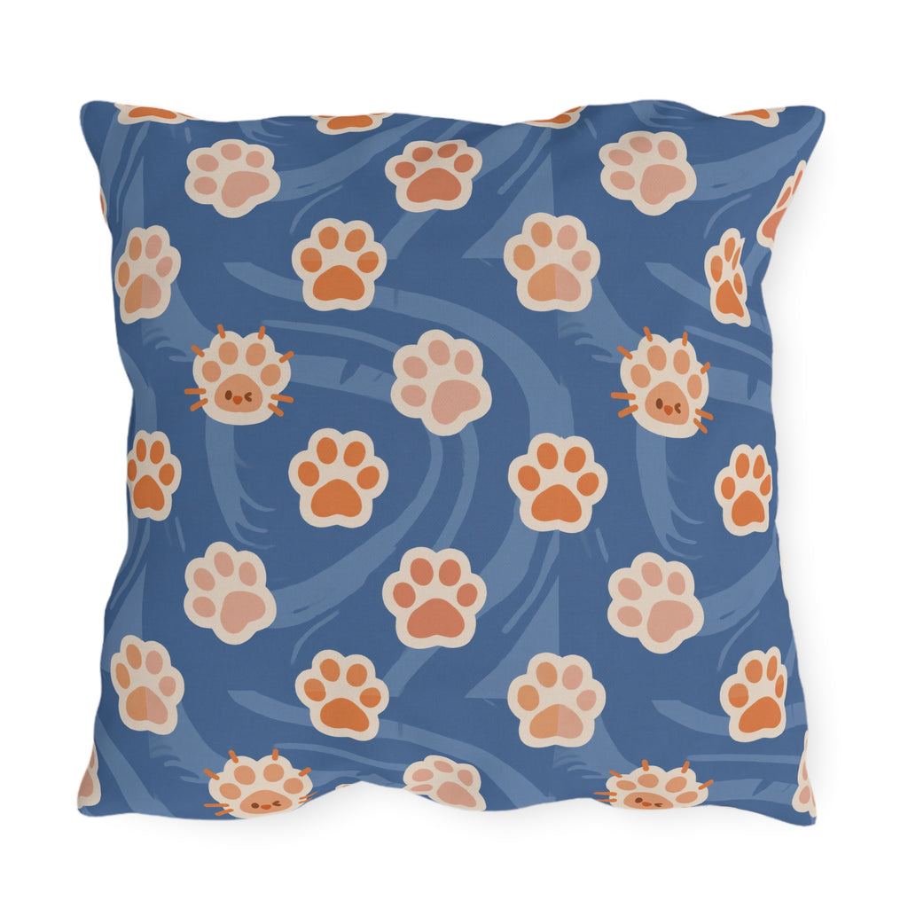 Outdoor Pillow - Adorable ginger cat with bright green eyes, sparkling gold yarn and paw prints, classic tabby cat illustration, cream background, cute and charming pet themed art