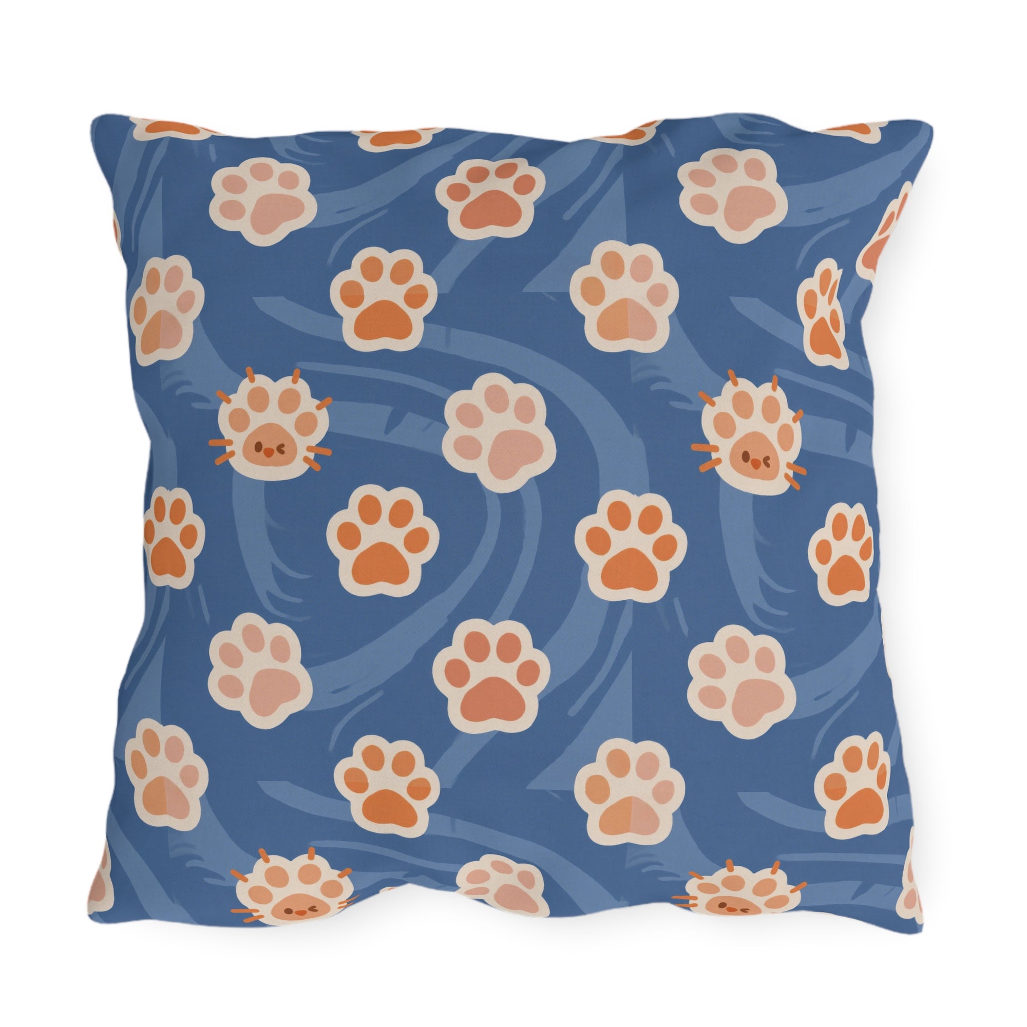Outdoor Pillow - Adorable ginger cat with bright green eyes, sparkling gold yarn and paw prints, classic tabby cat illustration, cream background, cute and charming pet themed art