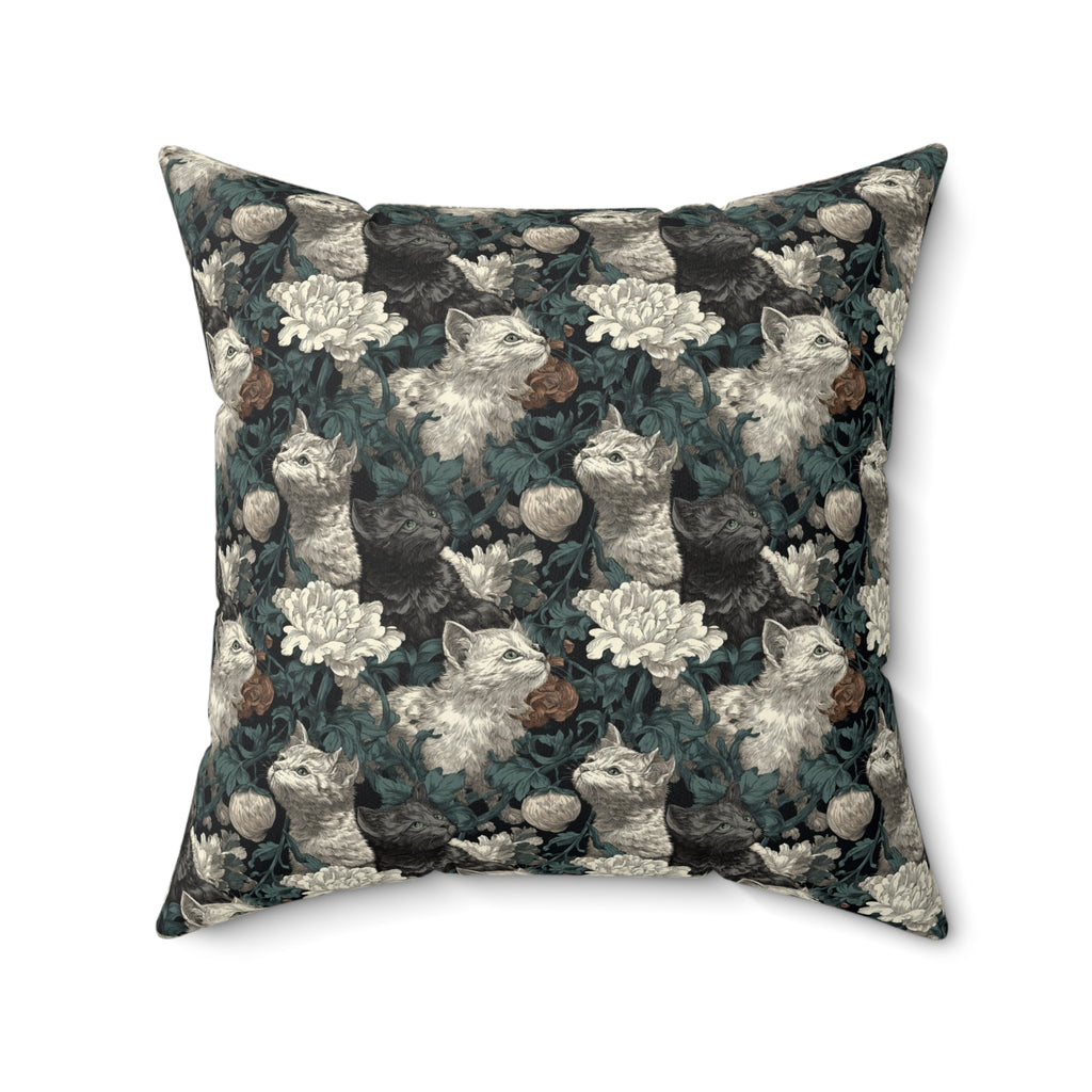 Indoor Square Pillow - Grey and White Kittens with Creamy White Flowers and Dark Green Foliage, Elegant Vintage Vibe