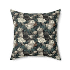 Indoor Square Pillow - Grey and White Kittens with Creamy White Flowers and Dark Green Foliage, Elegant Vintage Vibe