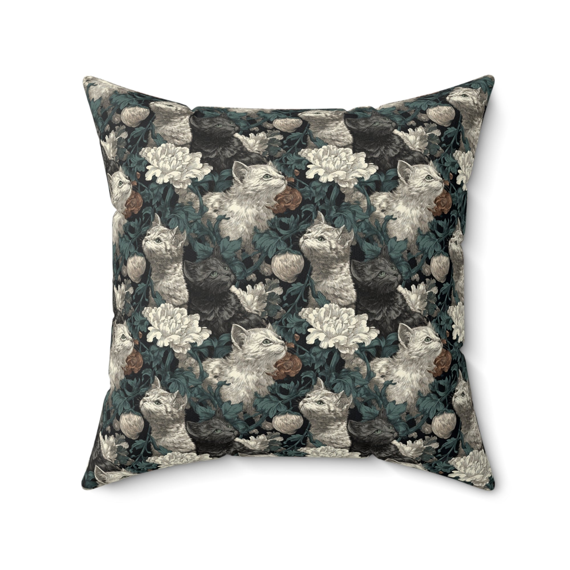 Indoor Square Pillow - Grey and White Kittens with Creamy White Flowers and Dark Green Foliage, Elegant Vintage Vibe