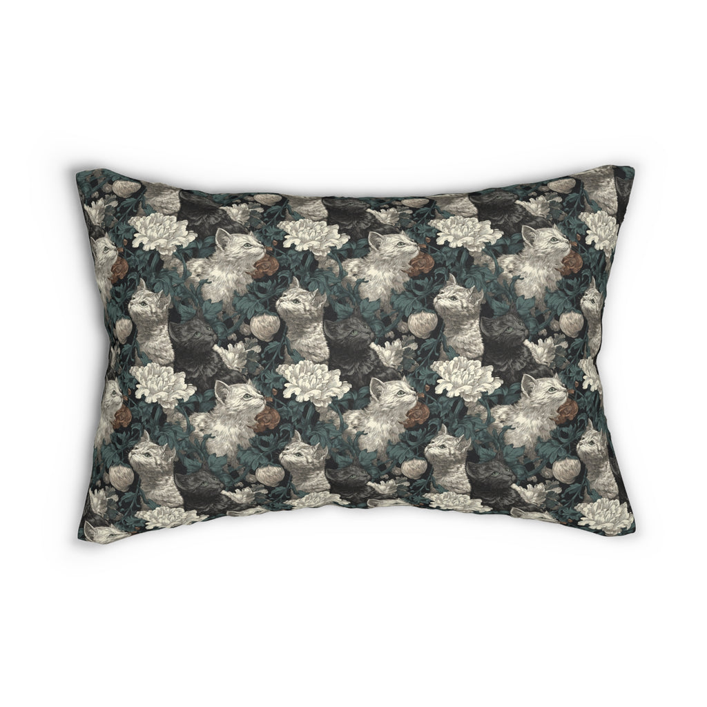 Indoor Lumbar Pillow - Grey and White Kittens with Creamy White Flowers and Dark Green Foliage, Elegant Vintage Vibe