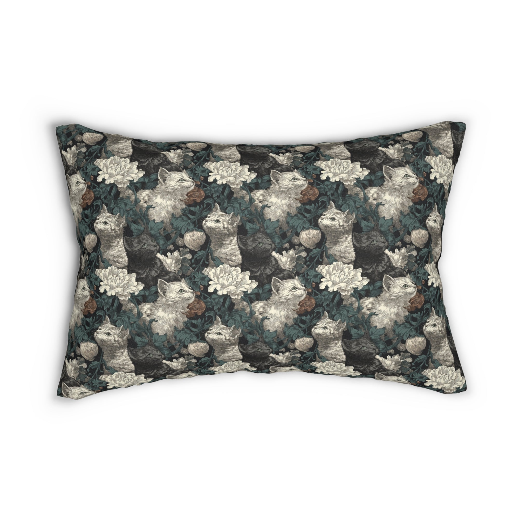 Indoor Lumbar Pillow - Grey and White Kittens with Creamy White Flowers and Dark Green Foliage, Elegant Vintage Vibe