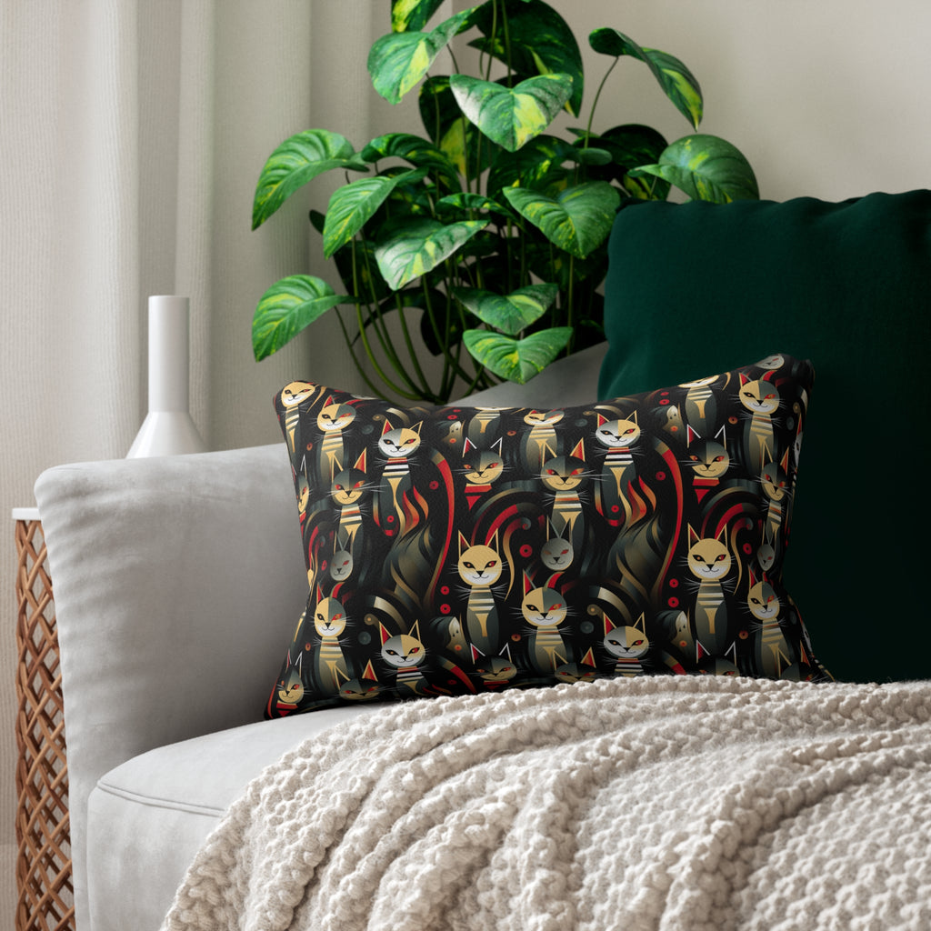 Indoor Lumbar Pillow - A bold and striking Art Deco pattern showcasing stylized feline portraits with sharp, gold lines and geometric shapes set against a dark, dramatic background.