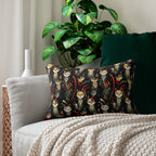 Indoor Lumbar Pillow - A bold and striking Art Deco pattern showcasing stylized feline portraits with sharp, gold lines and geometric shapes set against a dark, dramatic background.