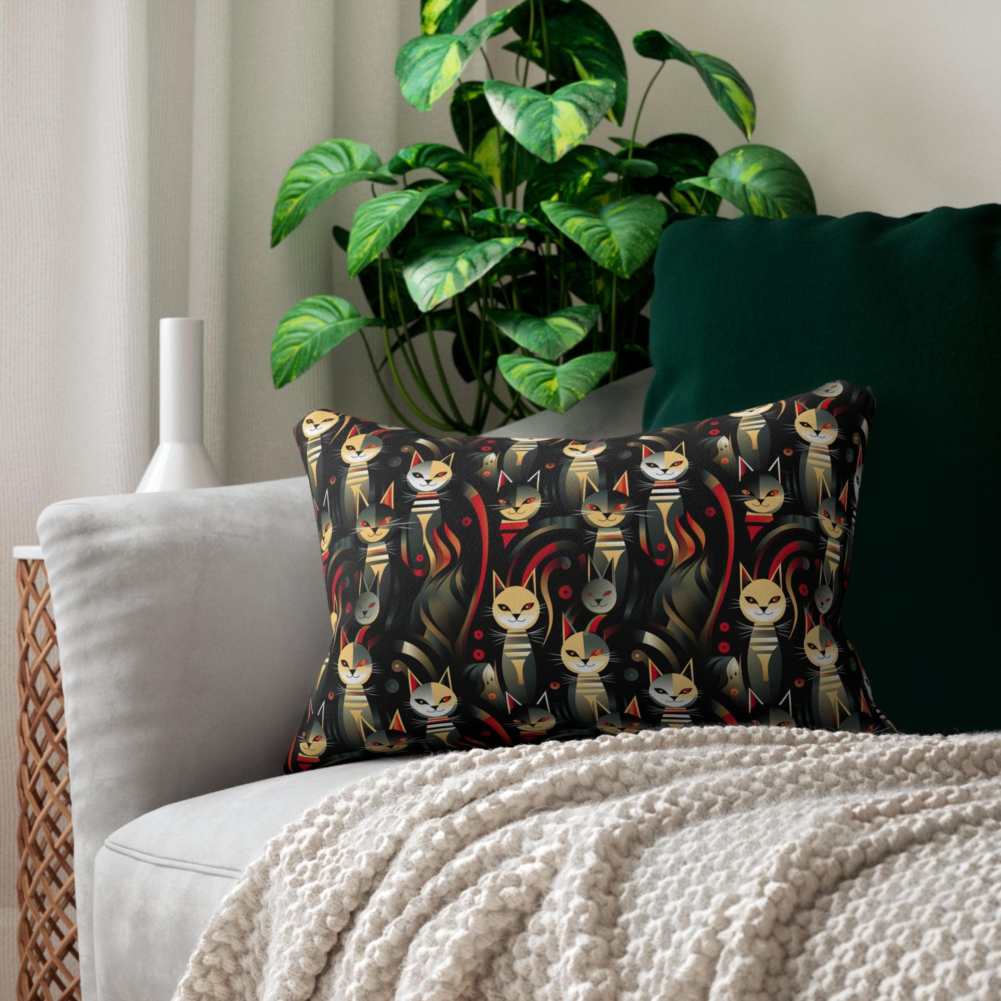 Indoor Lumbar Pillow - A bold and striking Art Deco pattern showcasing stylized feline portraits with sharp, gold lines and geometric shapes set against a dark, dramatic background.