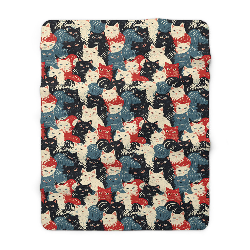 Sherpa Blanket - A bold and graphic pop art style illustration featuring a tight-knit cluster of various fluffy felines in black, white, red, and blue.