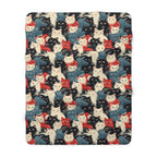 Sherpa Blanket - A bold and graphic pop art style illustration featuring a tight-knit cluster of various fluffy felines in black, white, red, and blue.