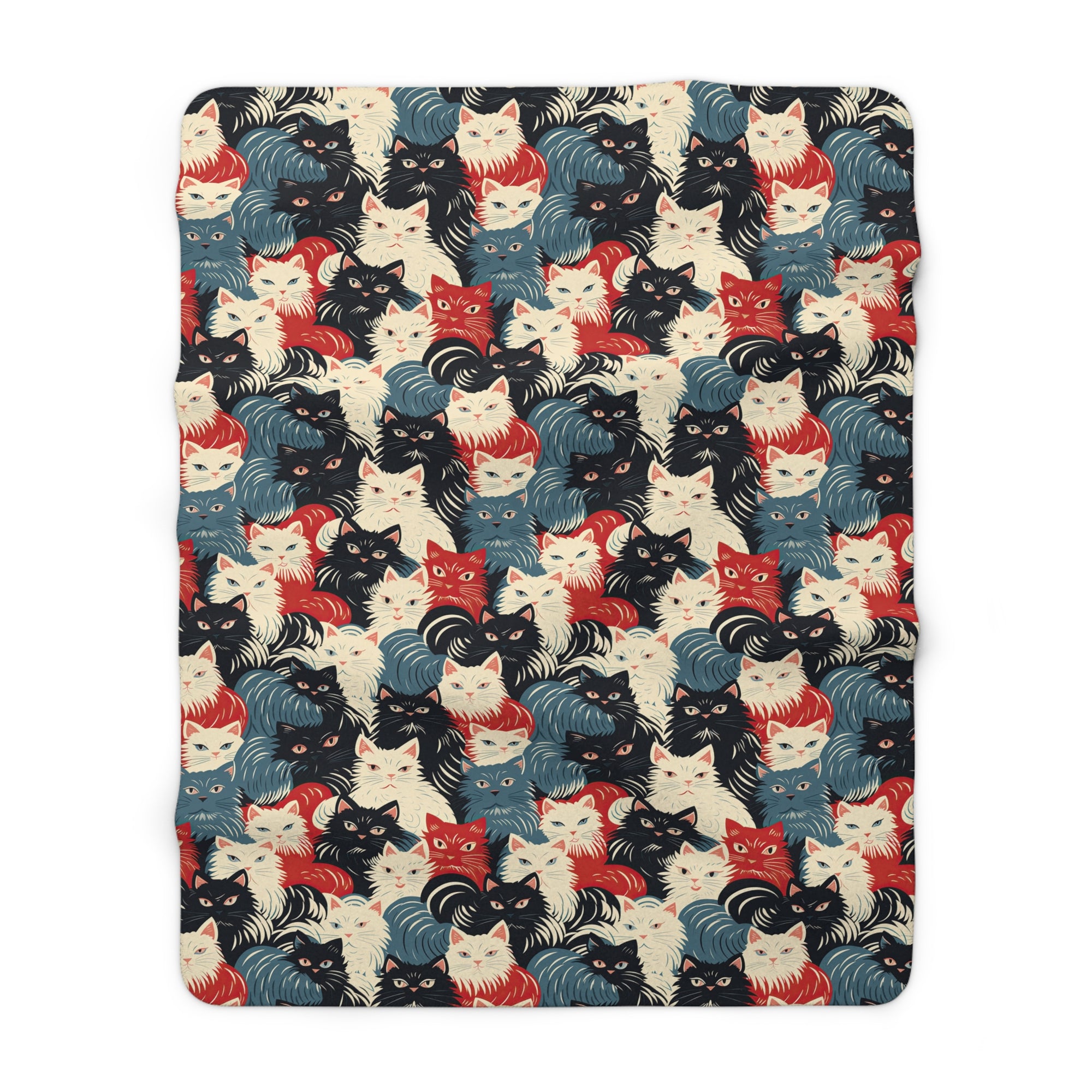 Sherpa Blanket - A bold and graphic pop art style illustration featuring a tight-knit cluster of various fluffy felines in black, white, red, and blue.