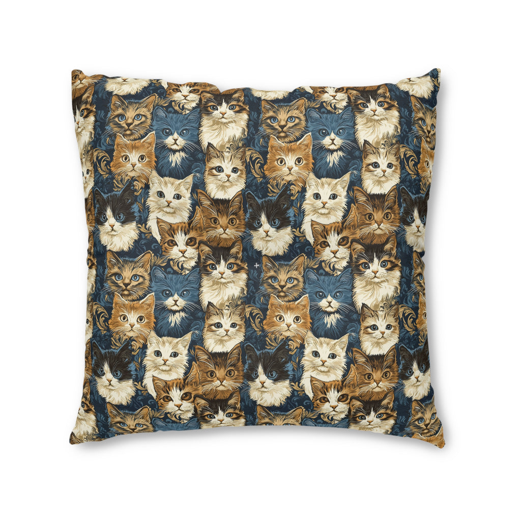 Indoor Square Floor Pillow - Blue Eyed Cats with Brown and White Fur on a Deep Blue Damask Background