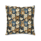 Indoor Square Floor Pillow - Blue Eyed Cats with Brown and White Fur on a Deep Blue Damask Background