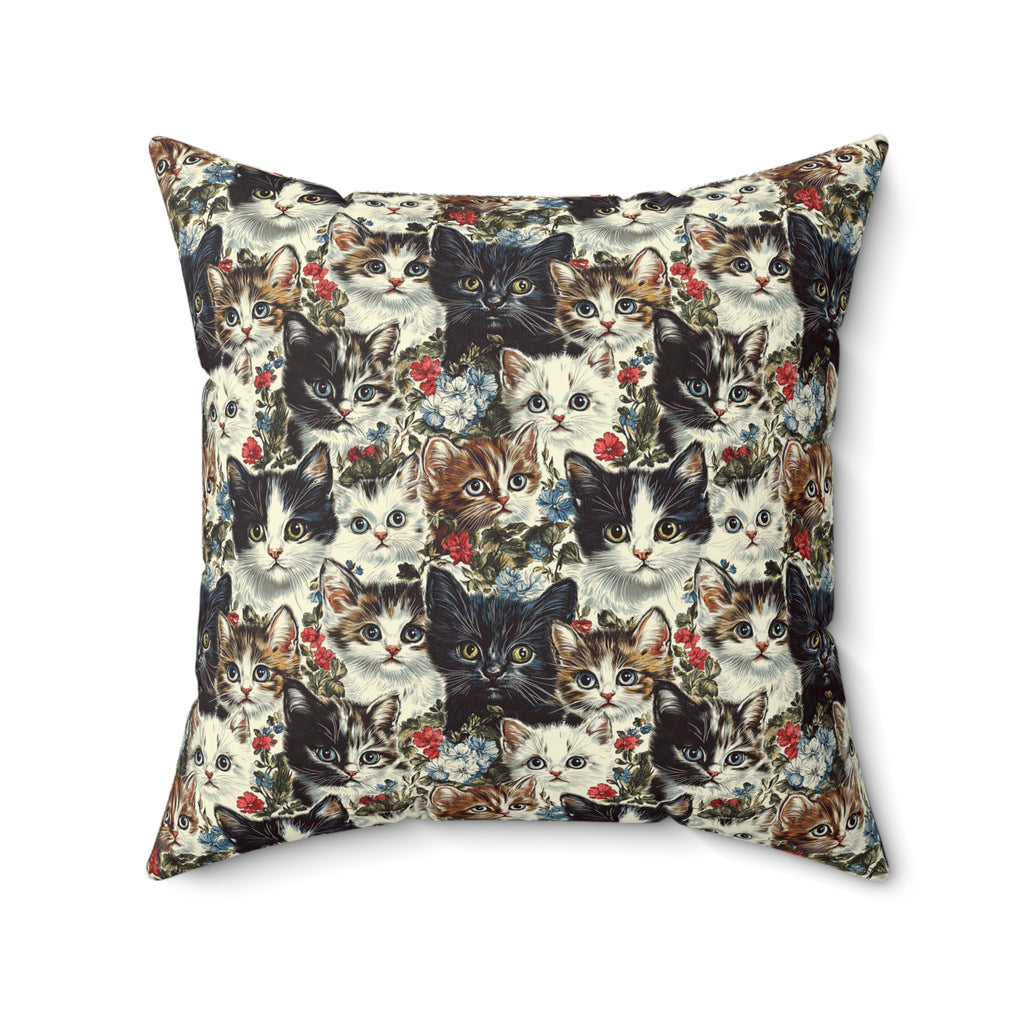 Indoor Square Pillow - Colorful Kitten Faces with Red and Blue Flowers, Whimsical and Bright, Pattern Design