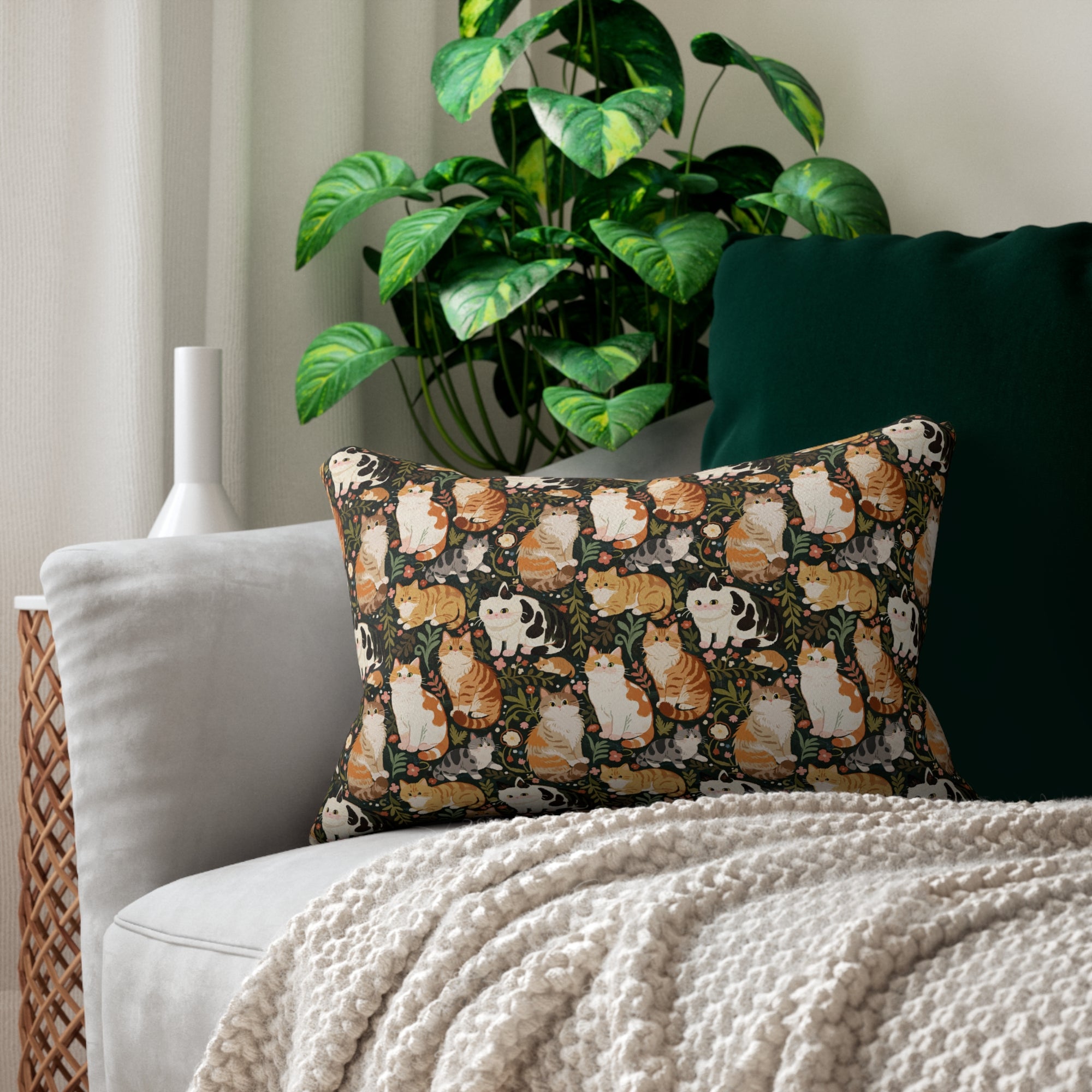 Indoor Lumbar Pillow - Whimsical cat and kitten garden party, various cat breeds amidst green foliage and pink flowers, charming animal illustration, dark forest green background, playful and natural art