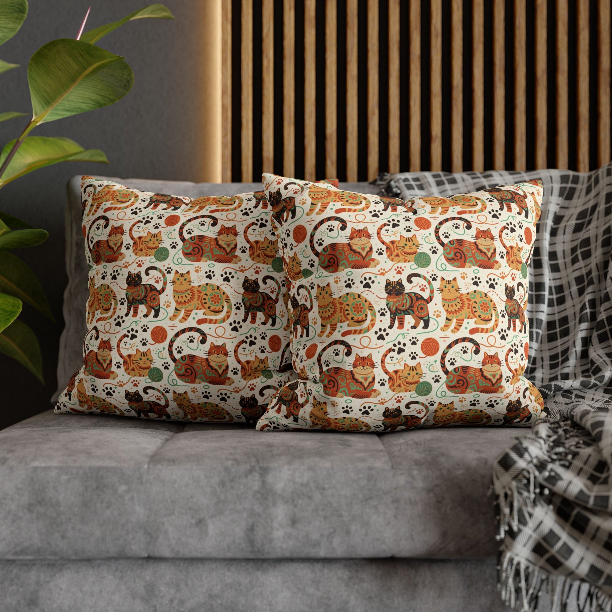 Square Pillowcase - Colorful folk art patterned cats, vibrant orange and teal hues, playful felines with yarn and paw prints, bohemian animal illustration, cream background, artistic and cheerful design