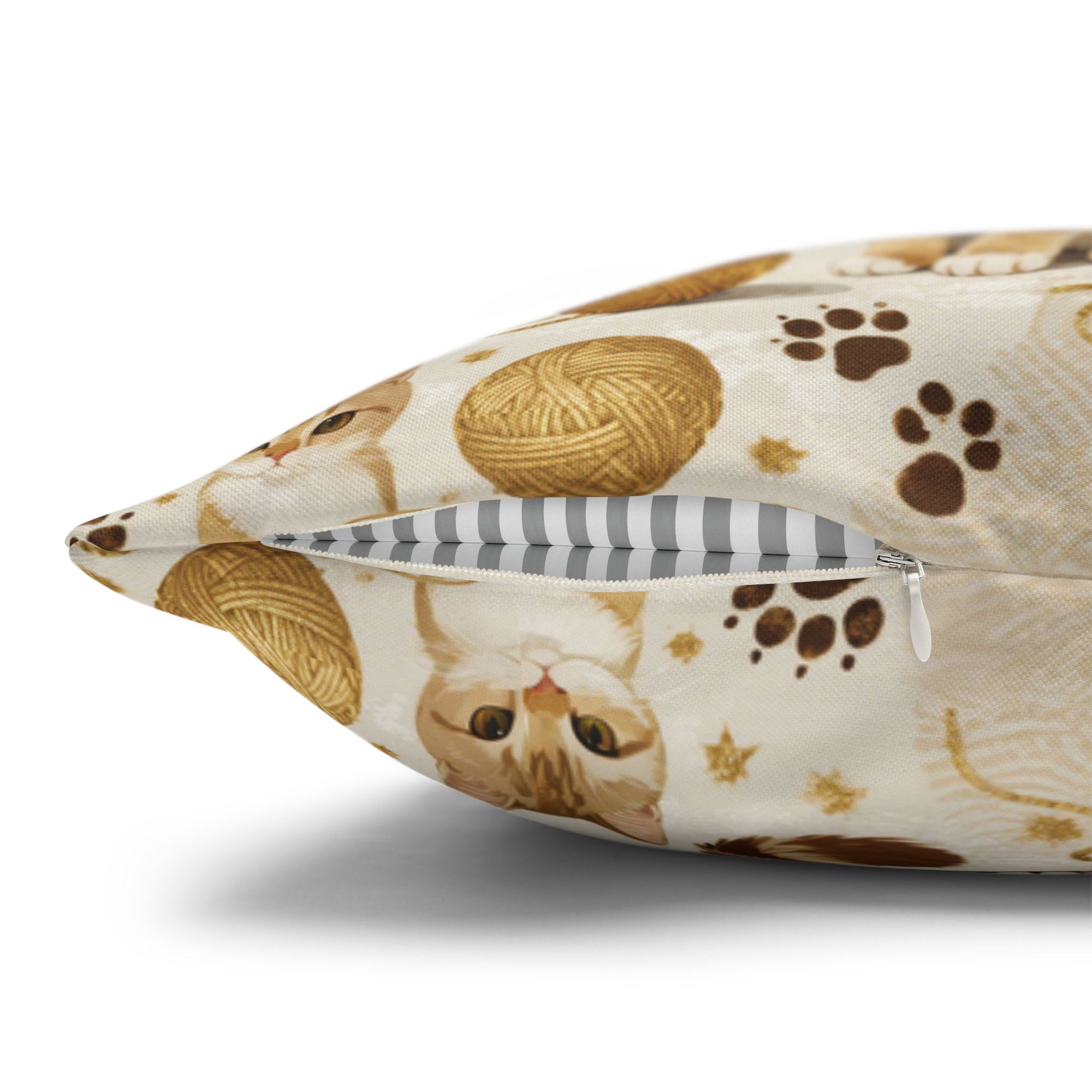 Square Pillowcase - Adorable ginger cat with bright green eyes, sparkling gold yarn and paw prints, classic tabby cat illustration, cream background, cute and charming pet themed art