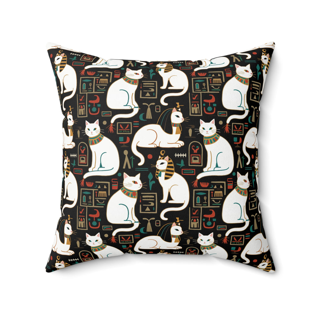 Indoor Square Pillow - Regal White Egyptian Cats with Ornate Collars and Ancient Symbols Adorn this Historically Inspired and Mystical Pattern