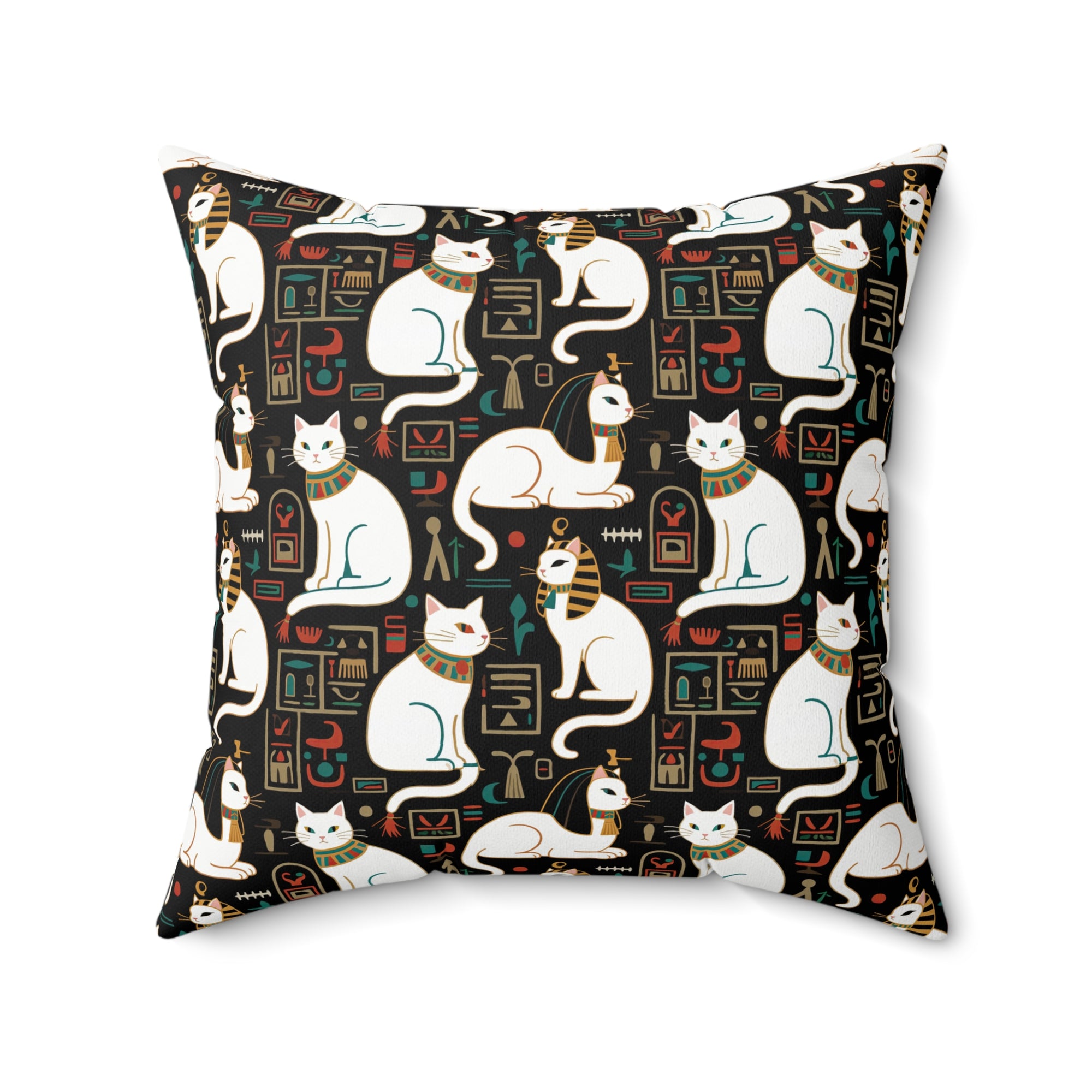Indoor Square Pillow - Regal White Egyptian Cats with Ornate Collars and Ancient Symbols Adorn this Historically Inspired and Mystical Pattern