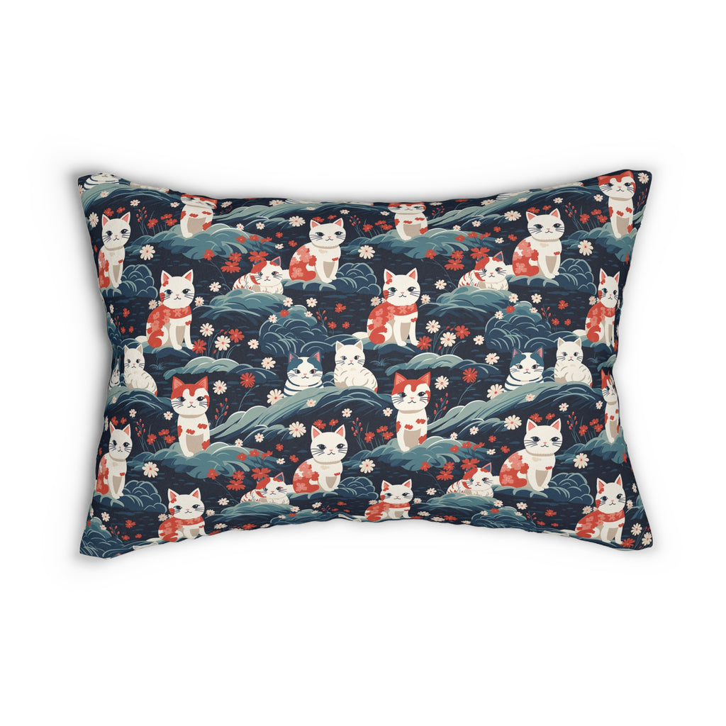 Indoor Lumbar Pillow - A serene and sweet Japanese landscape pattern featuring multicolored cats relaxing within a tranquil field of red and white flowers and gentle blue hills.