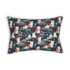 Indoor Lumbar Pillow - A serene and sweet Japanese landscape pattern featuring multicolored cats relaxing within a tranquil field of red and white flowers and gentle blue hills.