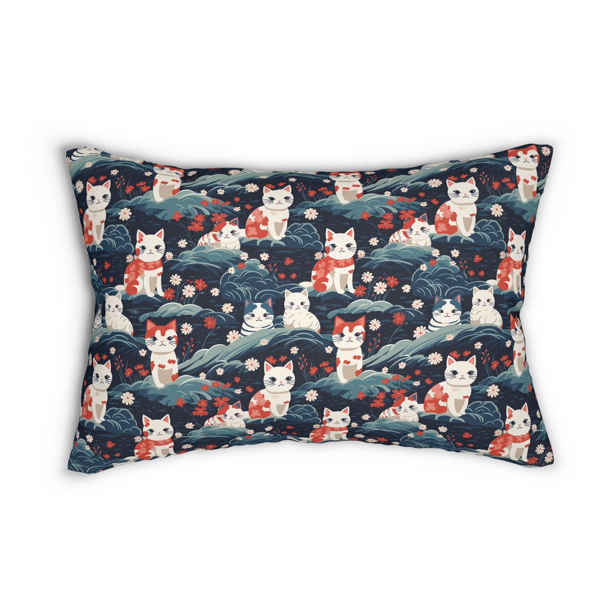 Indoor Lumbar Pillow - A serene and sweet Japanese landscape pattern featuring multicolored cats relaxing within a tranquil field of red and white flowers and gentle blue hills.