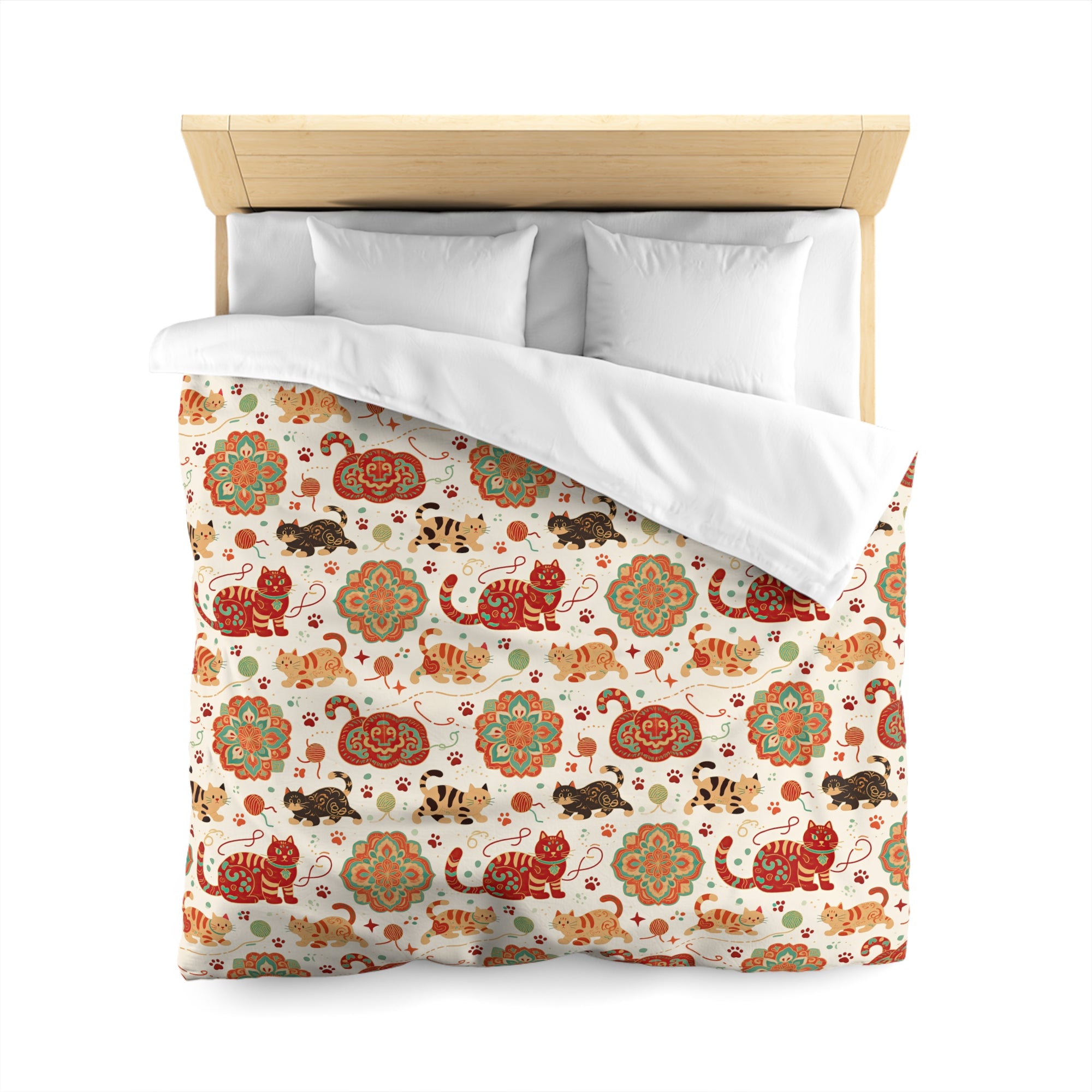 Duvet Cover - Vibrant boho chic cats and mandalas, colorful folk art style, playful felines with yarn and paw prints, artistic and bohemian cat design, cream background, unique animal print