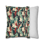 Square Pillowcase - A dramatic and powerful Japanese woodblock print-style illustration of cats amidst powerful waves, red flowers, and white cherry blossoms.