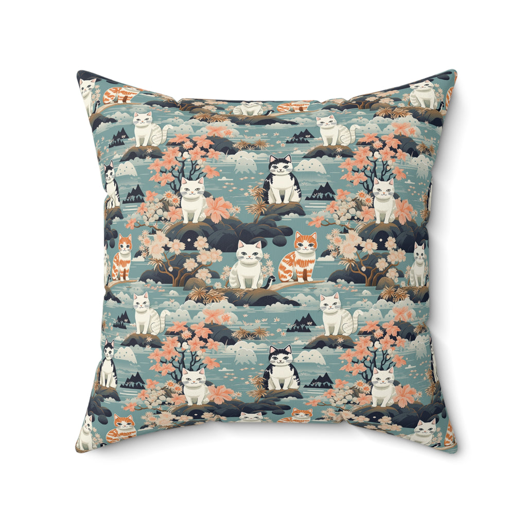 Indoor Square Pillow - A serene watercolor painting of fluffy cats lounging on rocks, surrounded by cherry blossoms and blue water, in a tranquil, nature-filled, Japanese-inspired landscape.