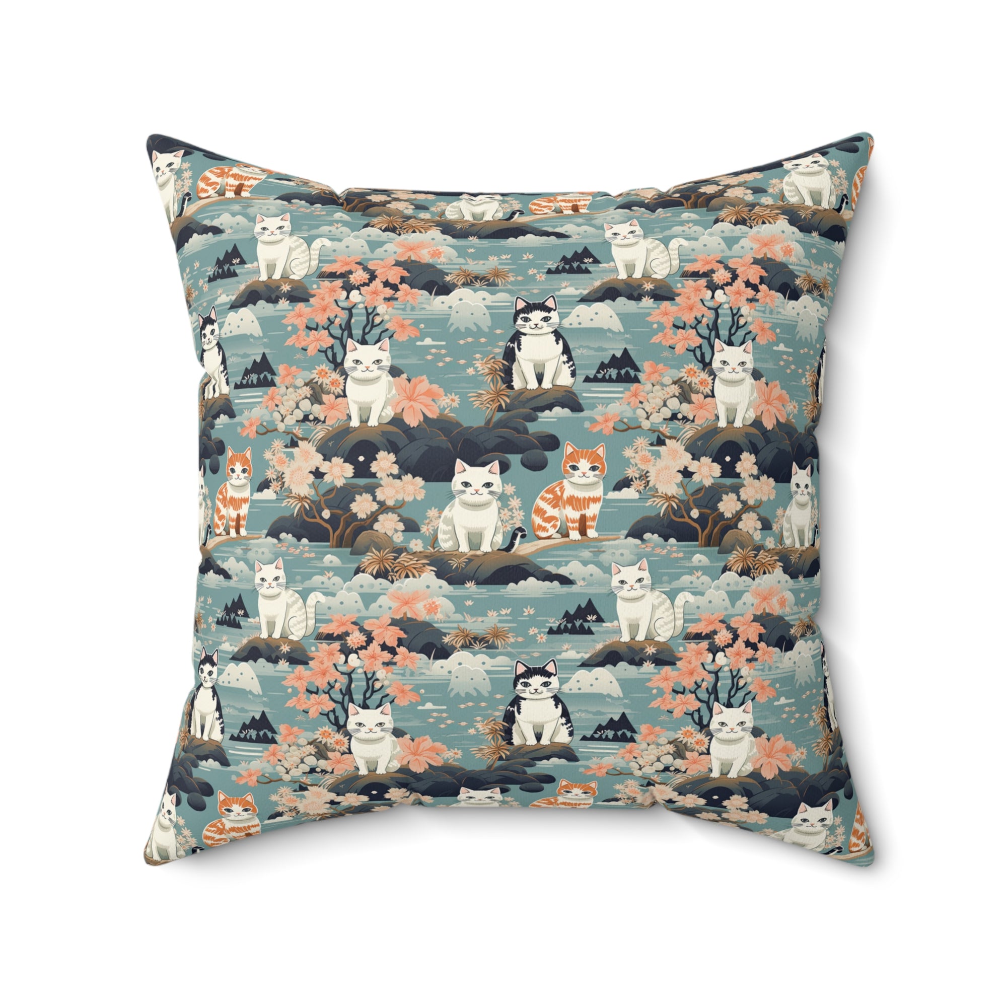 Indoor Square Pillow - A serene watercolor painting of fluffy cats lounging on rocks, surrounded by cherry blossoms and blue water, in a tranquil, nature-filled, Japanese-inspired landscape.