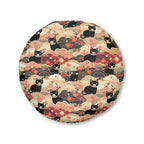 Indoor Round Floor Pillow - A whimsical and enchanting Japanese-style pattern featuring cute black and orange cats nestled among vibrant orange blossoms and soft, cloudy backgrounds.