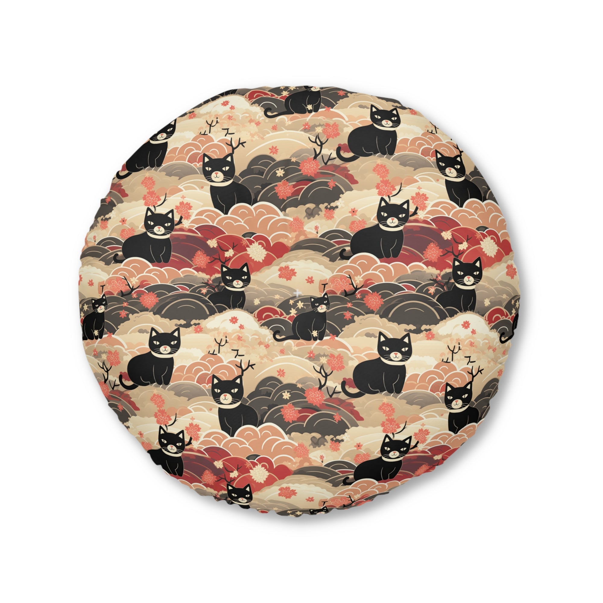 Indoor Round Floor Pillow - A whimsical and enchanting Japanese-style pattern featuring cute black and orange cats nestled among vibrant orange blossoms and soft, cloudy backgrounds.