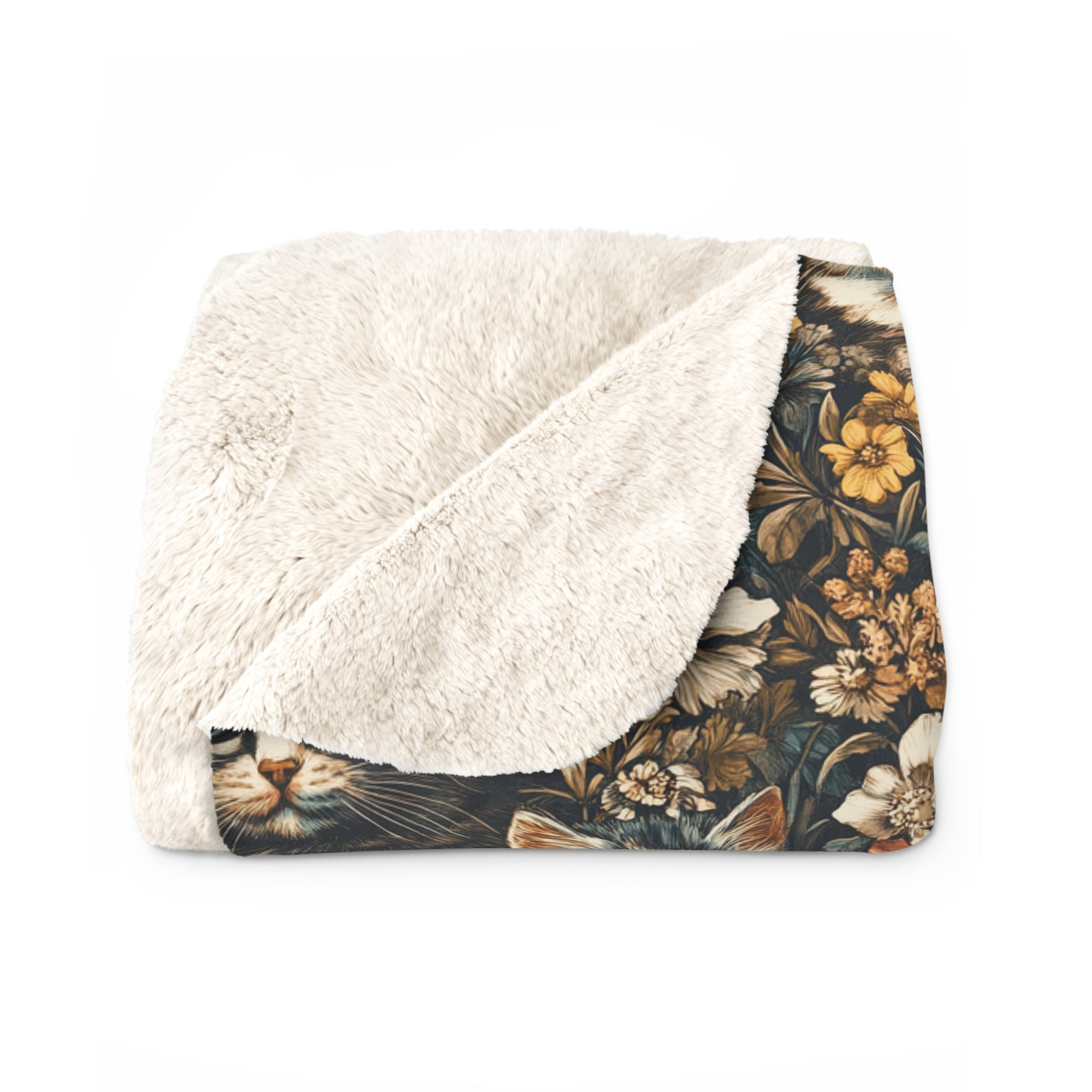 Sherpa Blanket - Grey Tabby Kittens Among Yellow and Peach Flowers, Moody Vintage Botanical Illustration