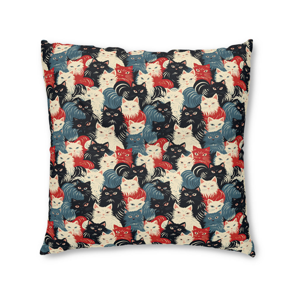 Indoor Square Floor Pillow - A bold and graphic pop art style illustration featuring a tight-knit cluster of various fluffy felines in black, white, red, and blue.