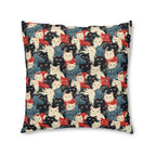 Indoor Square Floor Pillow - A bold and graphic pop art style illustration featuring a tight-knit cluster of various fluffy felines in black, white, red, and blue.