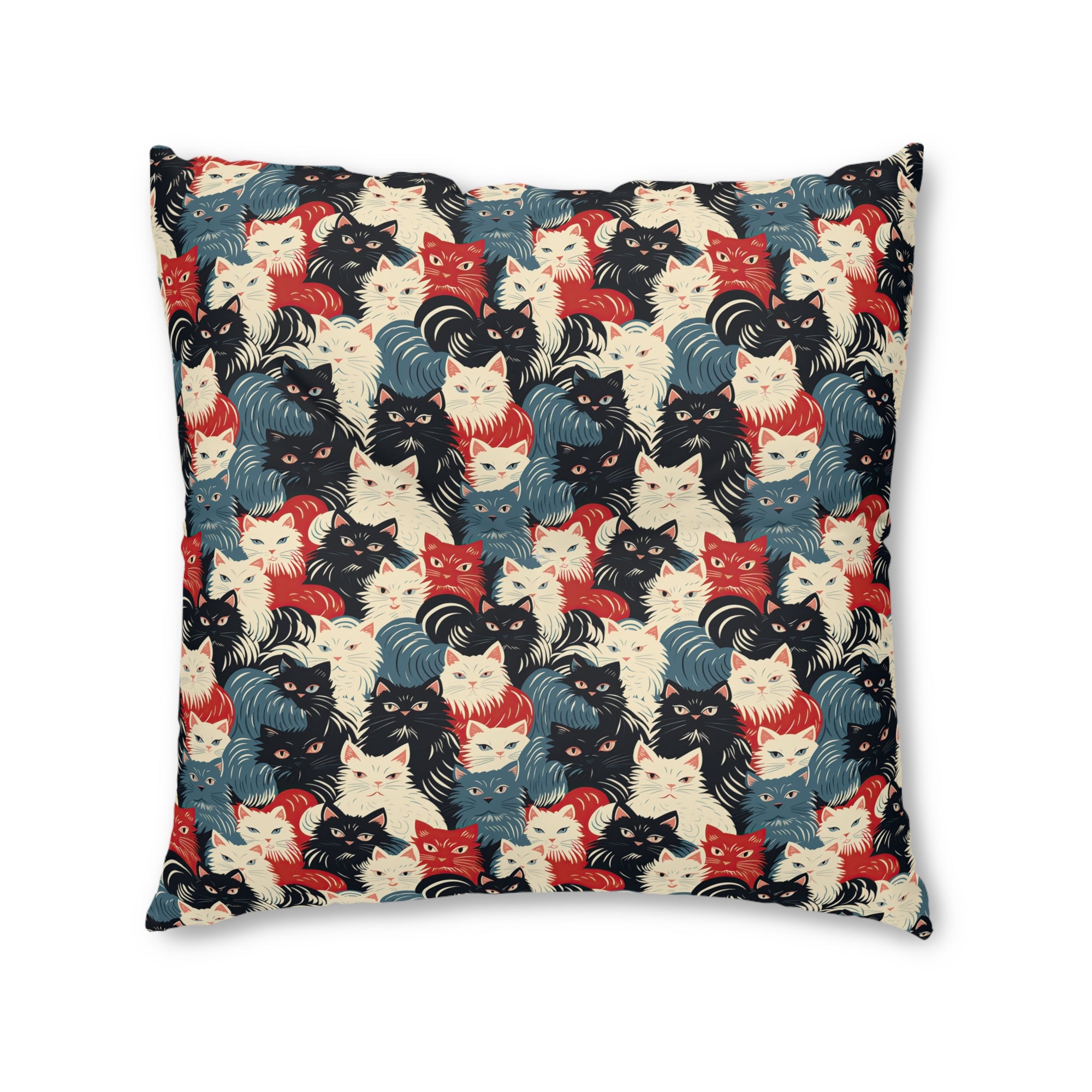 Indoor Square Floor Pillow - A bold and graphic pop art style illustration featuring a tight-knit cluster of various fluffy felines in black, white, red, and blue.