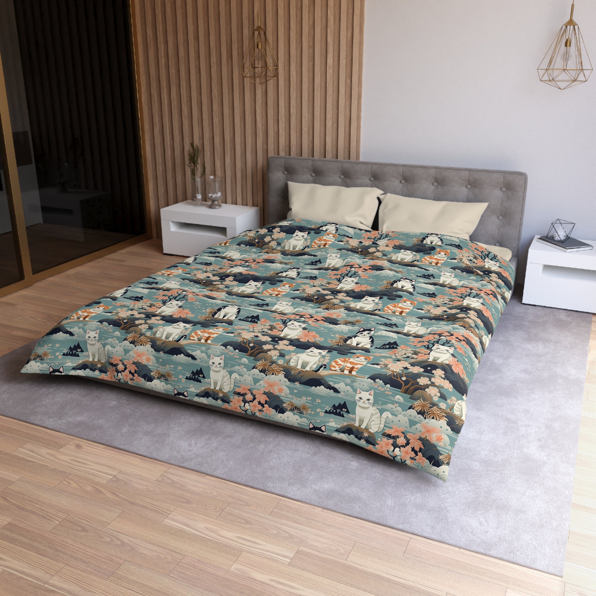 Duvet Cover - A serene watercolor painting of fluffy cats lounging on rocks, surrounded by cherry blossoms and blue water, in a tranquil, nature-filled, Japanese-inspired landscape.