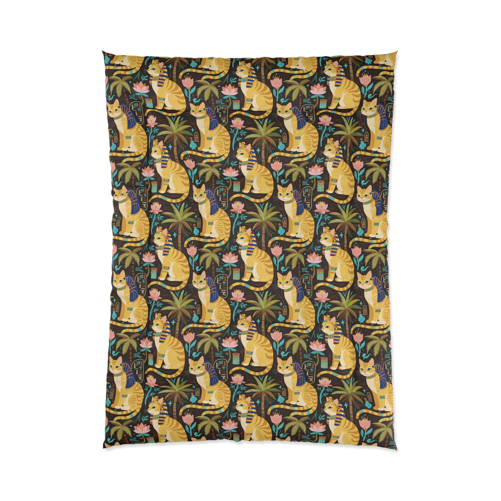 Comforter - Golden Egyptian Cats with Pharaonic Headpieces Amidst Lush Palms and Lotus Flowers in an Exotic and Vibrant Scene