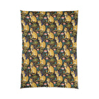 Comforter - Golden Egyptian Cats with Pharaonic Headpieces Amidst Lush Palms and Lotus Flowers in an Exotic and Vibrant Scene