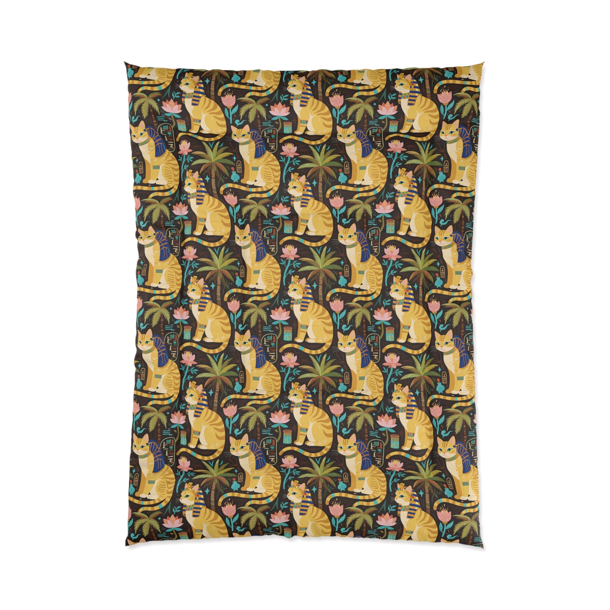 Comforter - Golden Egyptian Cats with Pharaonic Headpieces Amidst Lush Palms and Lotus Flowers in an Exotic and Vibrant Scene