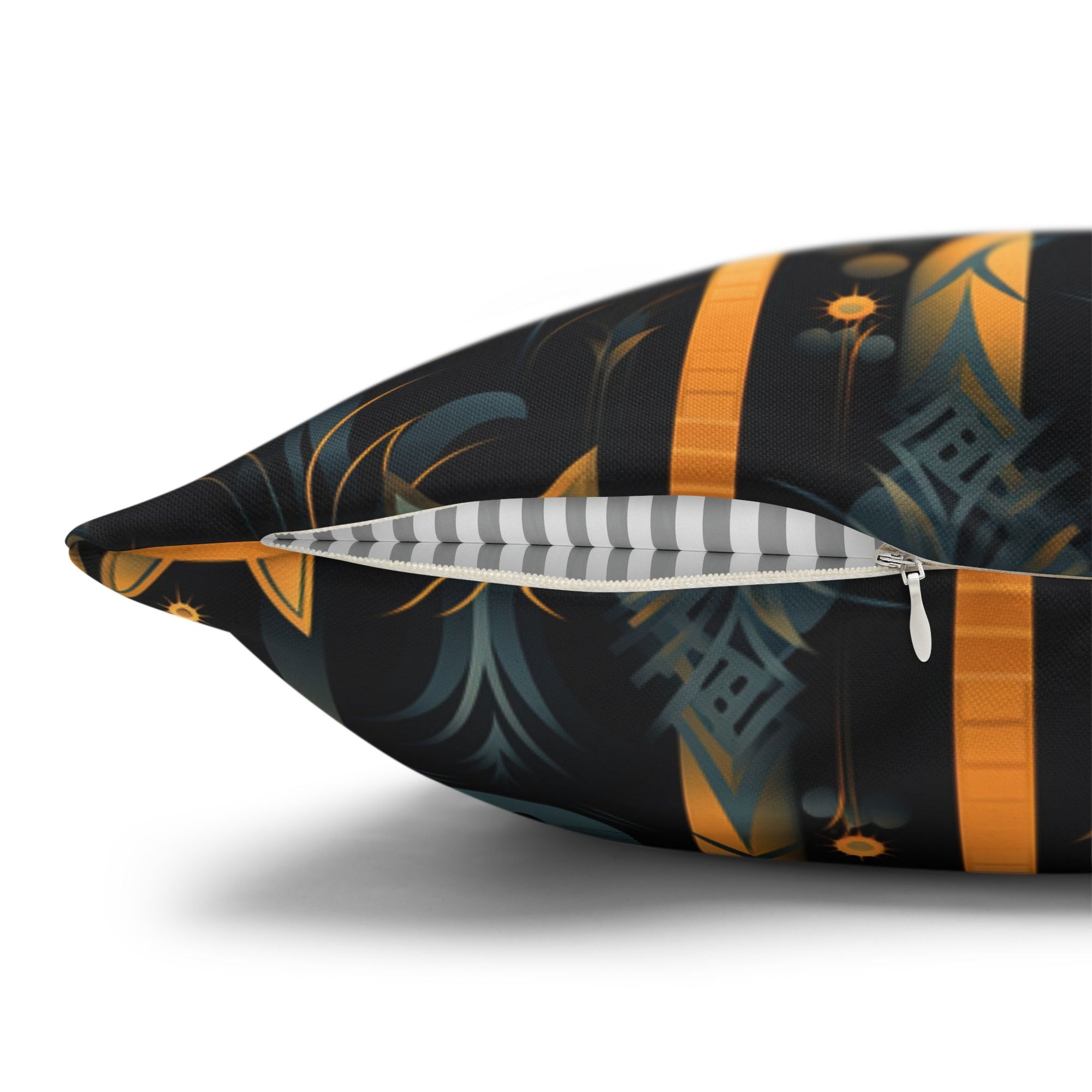 Square Pillowcase - A sleek and stylish Art Deco-inspired pattern depicting a serene nocturnal landscape with streamlined cat silhouettes and radiating golden light among abstract plants.