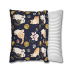 Square Pillowcase - Charming cats and golden yarn playful design, cute kittens with paw prints, whimsical animal art for cat lovers, dark blue background, delightful pet themed illustration